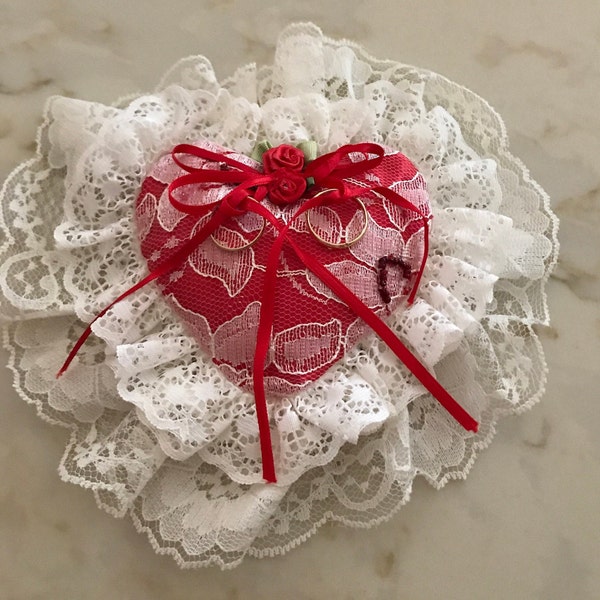 Heart Shaped Bridal Ring Pillow or Cushion, Red Satin Surrounded with White Lace and a Bright Red Ribbon Bow, Handmade