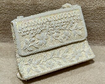 Lt Golden Beige or Off White Clutch, Handbag, or Purse w/ White Beads & Sequines Matching Top Handle and Inside Pocket, Retro Vintage 1960s