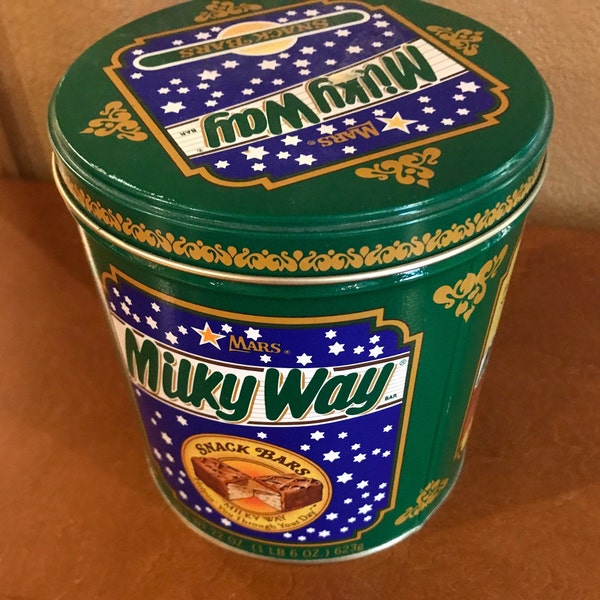 Green Decorative Advertising Tin w/ Blue Labeling - Mars Milky Way Snack Bars, 5 1/2" Diameter by 6" Tall, Vintage Retro Replica, 1980s