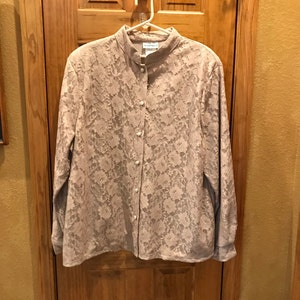 Beige or Tan Lace Shell Jacket or Blouse, Lined, Long Sleeve, w/ Band Collar, Size 20, from Willow Ridge, Never Worn, Vintage 1980s 1990s