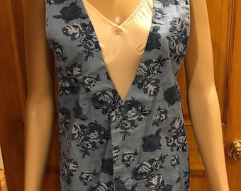 Blue Floral Cotton Vest Size XL Handmade Custom Created, 1980s