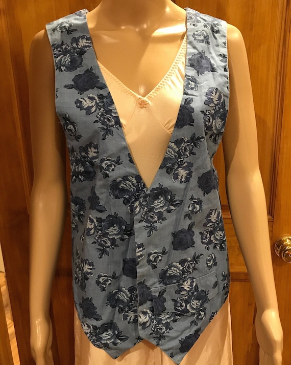 Blue Floral Cotton Vest Size XL Handmade Custom Cr