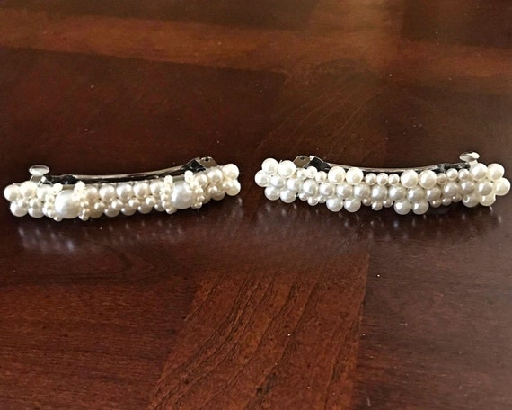 2 White Pearl Barrettes on Silver Tone Hair Clips… - image 1