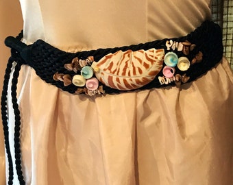 Sash or Belt, Ocean Shell and Black Braided, Boho Hippie Chic Kitsch, Fashion Accessory, 1980s