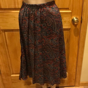 Blue, Gray and Red Paisley, Elastic Waist, Pleated, Full A-Line, Maxi Skirt, Size 18, by Blair, 1970s