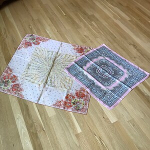 2 Head Neck Scarves, Orange Geometric Floral and Pink / Blue Geometric, Vintage from 1960 / 1970s