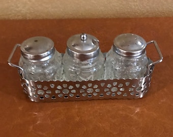 Condiments, Sugar or Spice Set w/ Pressed Glass and Stainless Caddy Silver-Tone, 1960s