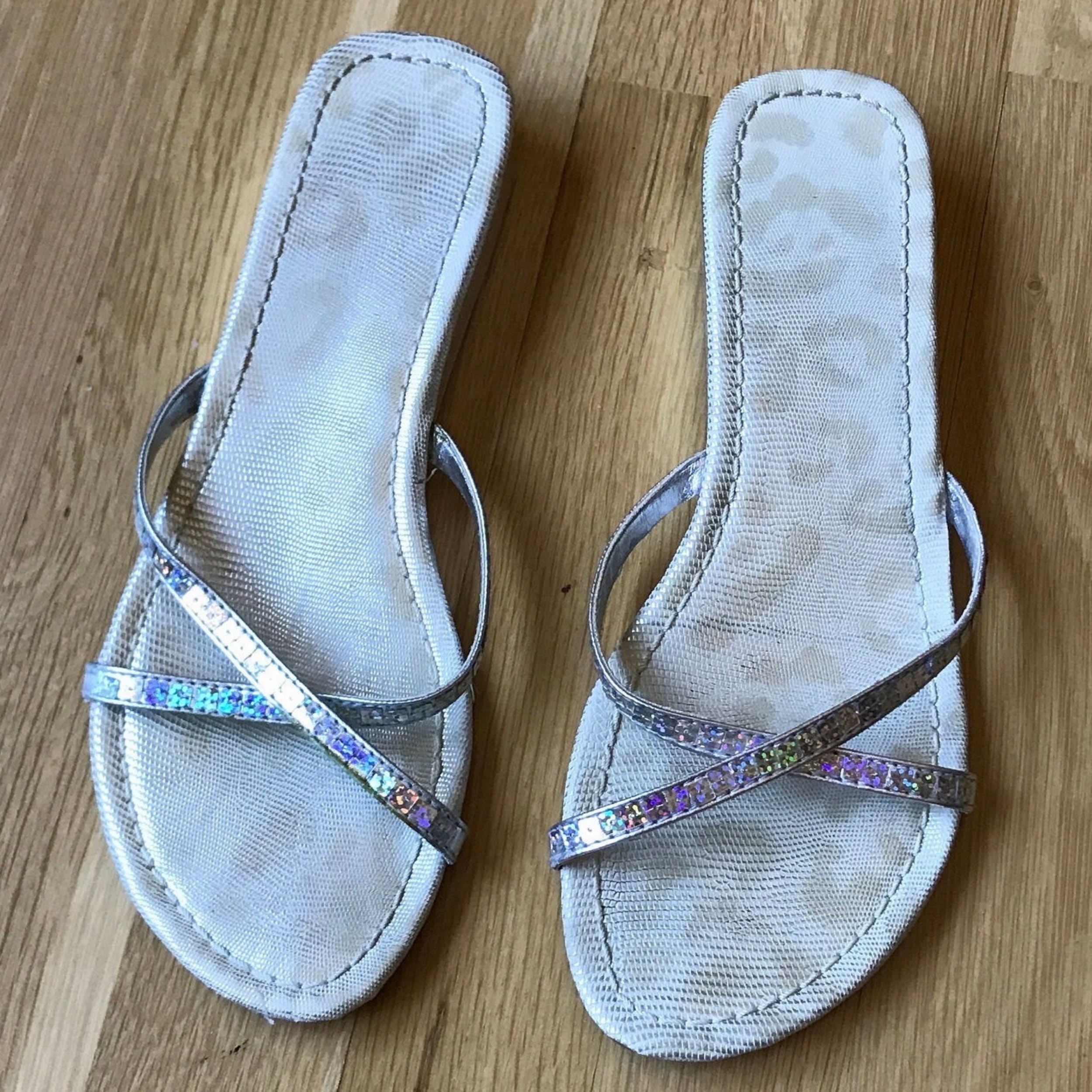 Silver Sandals or Mules, w/ Leather Uppers and Flat Soles, Size 8, Vintage