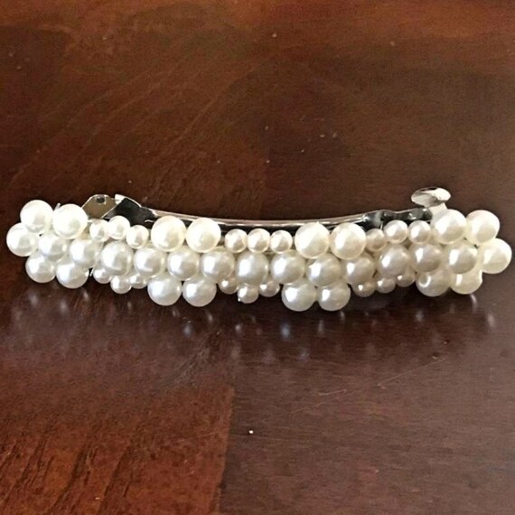 2 White Pearl Barrettes on Silver Tone Hair Clips… - image 2