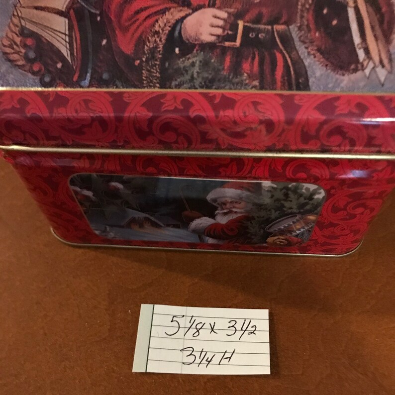 Santa Claus w Bag of Toys Round Tin Storage Container Box w Lid Christmas Decor