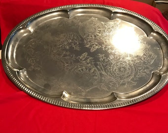 Silver Plated Serving Platter or Tray, Engraved, 18" by 13.5", Unmarked, Retro Vintage 1980s