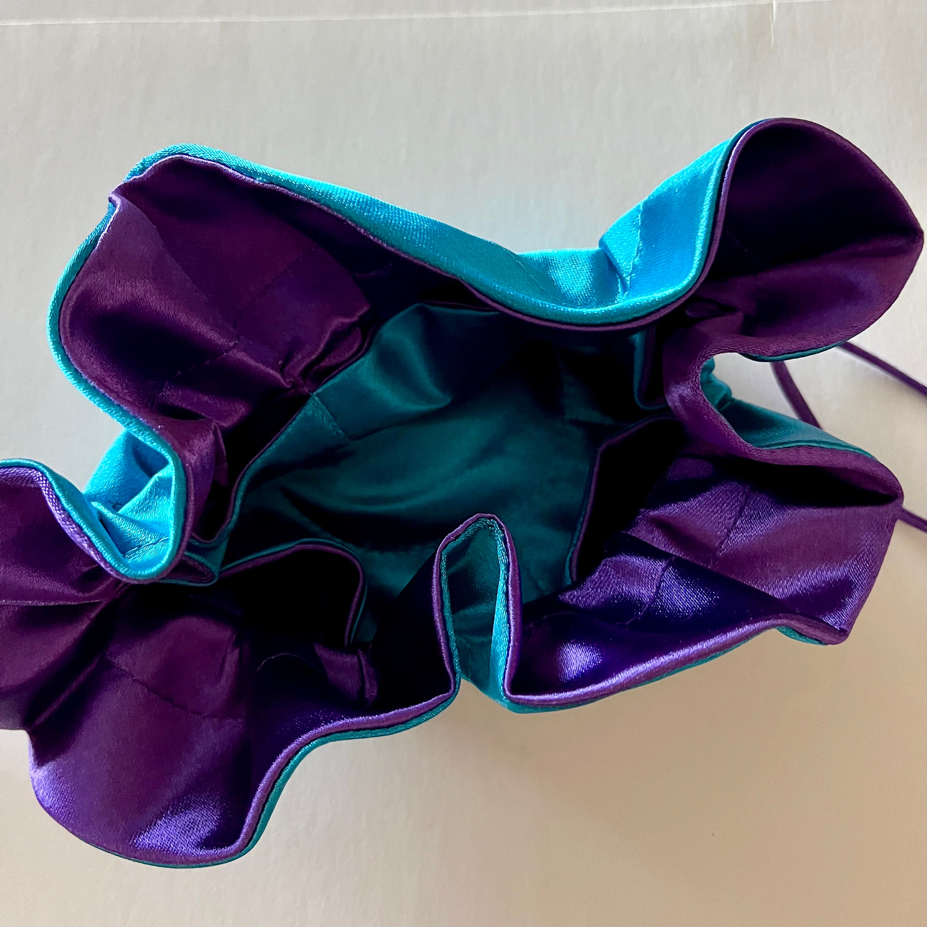 Satin Jewerly Pouch, Bag or Purse with Drawstring, Blue with Purple Trim Interior, NOS - Never Used from Avon, Vintage 1990s