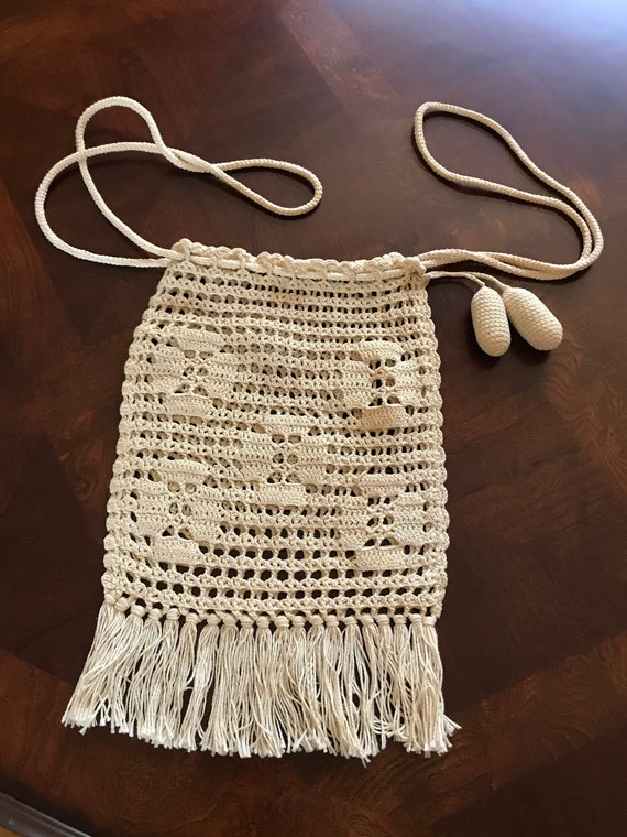 Cream Macrame Crochet Shoulder Purse, Crossbody Ba