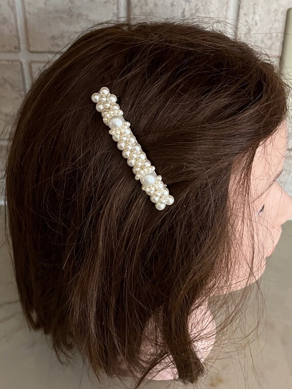 2 White Pearl Barrettes on Silver Tone Hair Clips… - image 5