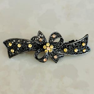 Bronze and Gold Glass Crystals on Black Metal Bow Style Barrette or Hair Clip, French Style, Vintage 1980s