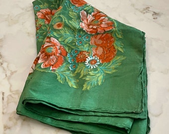 Vintage Green and Orange Floral Scarf, 22x21.5 Inches, Silky and Soft