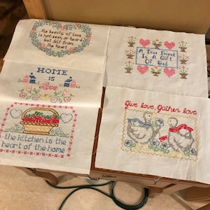 5 Needlework, Cross Stitch and Embroidered Blocks, 11 3/4 Inches Wide by 8 1/2 Inches Tall, Handcrafted, Handmade, Vintage 1950s