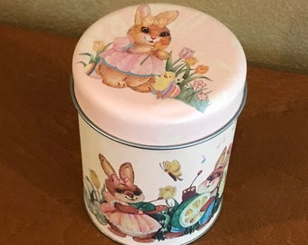 Pink Decorator Collector Tin w/ Bunny Rabbit Graphics on Sides and Lid, 3.5" Diameter and 4.5" Tall, Vintage