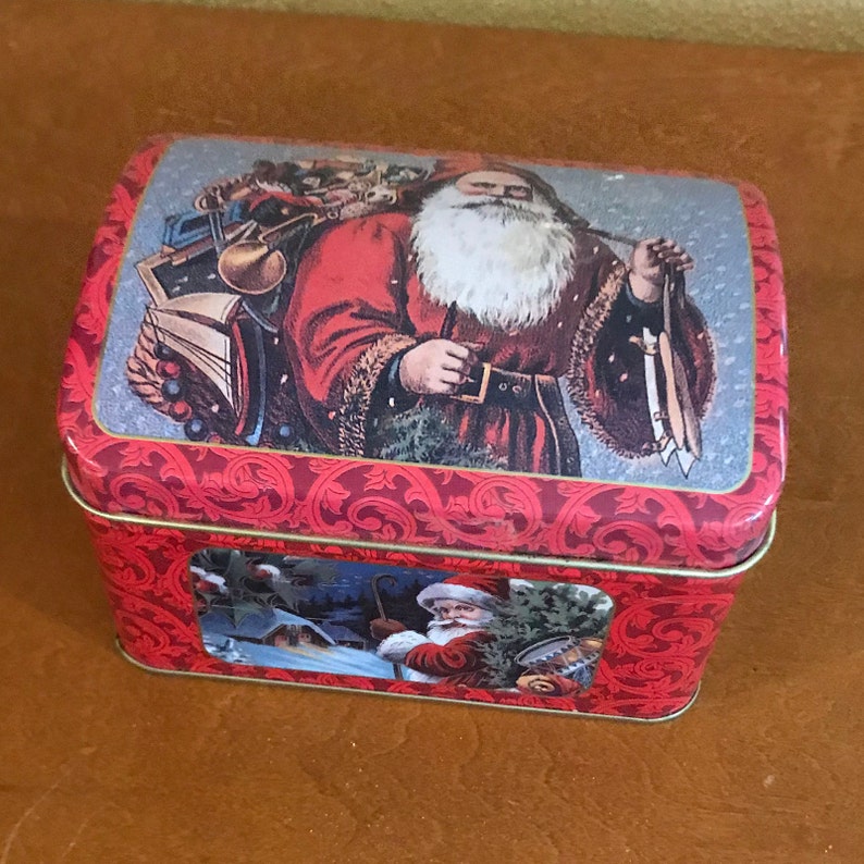 Santa Claus w Bag of Toys Round Tin Storage Container Box w Lid Christmas Decor