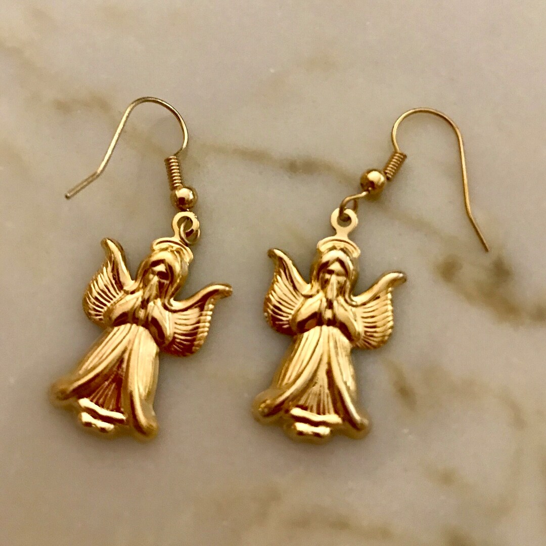 Bright Shiny Gold Tone Angel Drop or Dangle Earrings W/ Crown or Halo ...