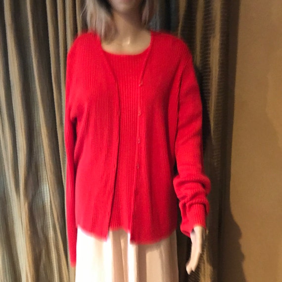 2 Piece Twin Set Red Cardigan Sweater W Shell Blous Gem
