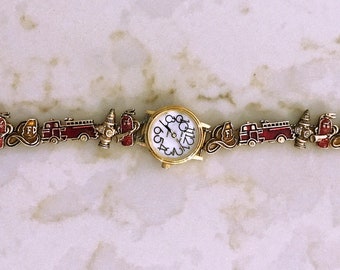 Red Fire Trucks Watch or Bracelet, Gold Tone Trim, 7.5 Inches Long, Quartz Movement, by Slide Time, Vintage Retro 1990s