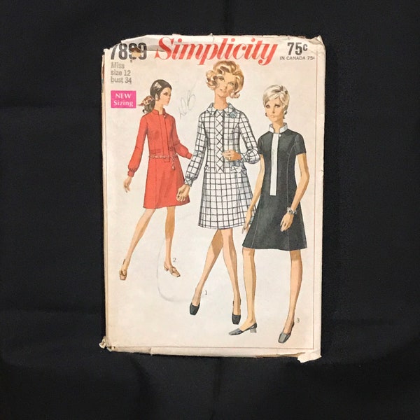 One Piece Dress Clothes Pattern, Misses or Woman, Size 12 - Bust 34, by Simplicity 7899, Vintage Retro 1960s 1970s