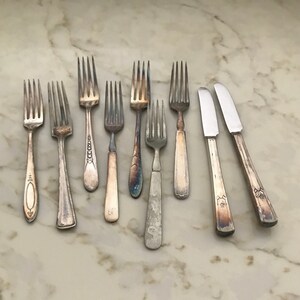9 Pcs Flatware Silver Plate Including 7 Forks & 2 Knives, Vintage 1990s