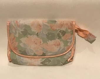 Cosmetic or Makeup Case Bag, Pouch or Purse w/ Mirror, Green w/ Pink Flowers and Trim, White & Gray Abstract Patterns, by Avon, 1980s 1990s