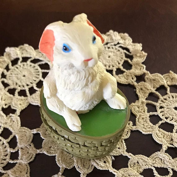 White Bunny Rabbit w/ Pink Ears Setting on Green … - image 1