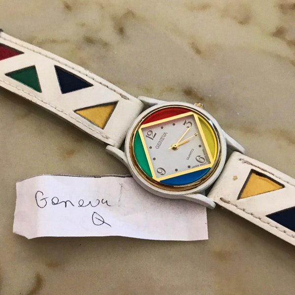 Watch w/ Matching Leather Band in Colorful White and Multi Colors, Blue, Green, Red, Yellow Strap, by Geneva, Vintage Retro 1970s