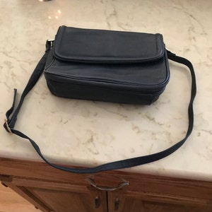 Dark Navy Blue Leather Purse Handbag w/ Adjustable Shoulder Strap with Buckle, Interior & Exterior Pockets, by ALBI, Vintage Retro 1970s