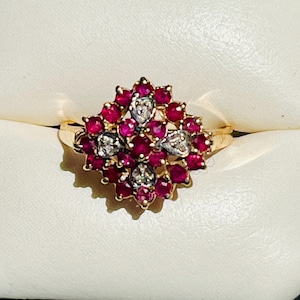Ruby Diamond Cluster Ring 10K Yellow Gold, Vintage Retro, Sz 8, April July Birthstone, Date Night, Dinner, Evening, Theater, Gift, 1990s