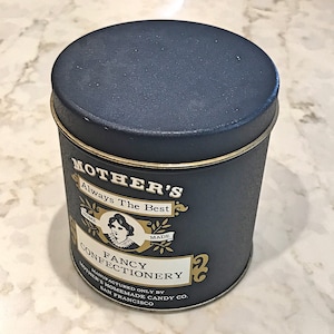 Blue Advertising Tin, Mother’s Fancy Confectionery, 4 1/4” Diameter by 4 1/4&quot; Tall, Gift Idea, Vintage 1990s