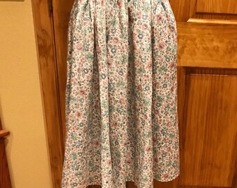 White, Elastic Waist Skirt w/ Blue & Pink Flowers, Size L / XL, Handmade, 1970s 1980s