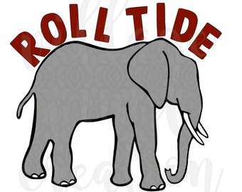 May include: A gray elephant with a textured pattern, standing on all four legs. The elephant has a long trunk and large ears. The words "Roll Tide" are written in red above the elephant.