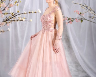 Dress Lace Body, Bridesmaids Dress, Blush Pink Tulle skirt Evening Dress-set