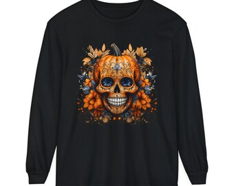 Sugar Skull Pumpkin Halloween Dia de los Muertos | Unisex Garment-dyed Long Sleeve T-Shirt