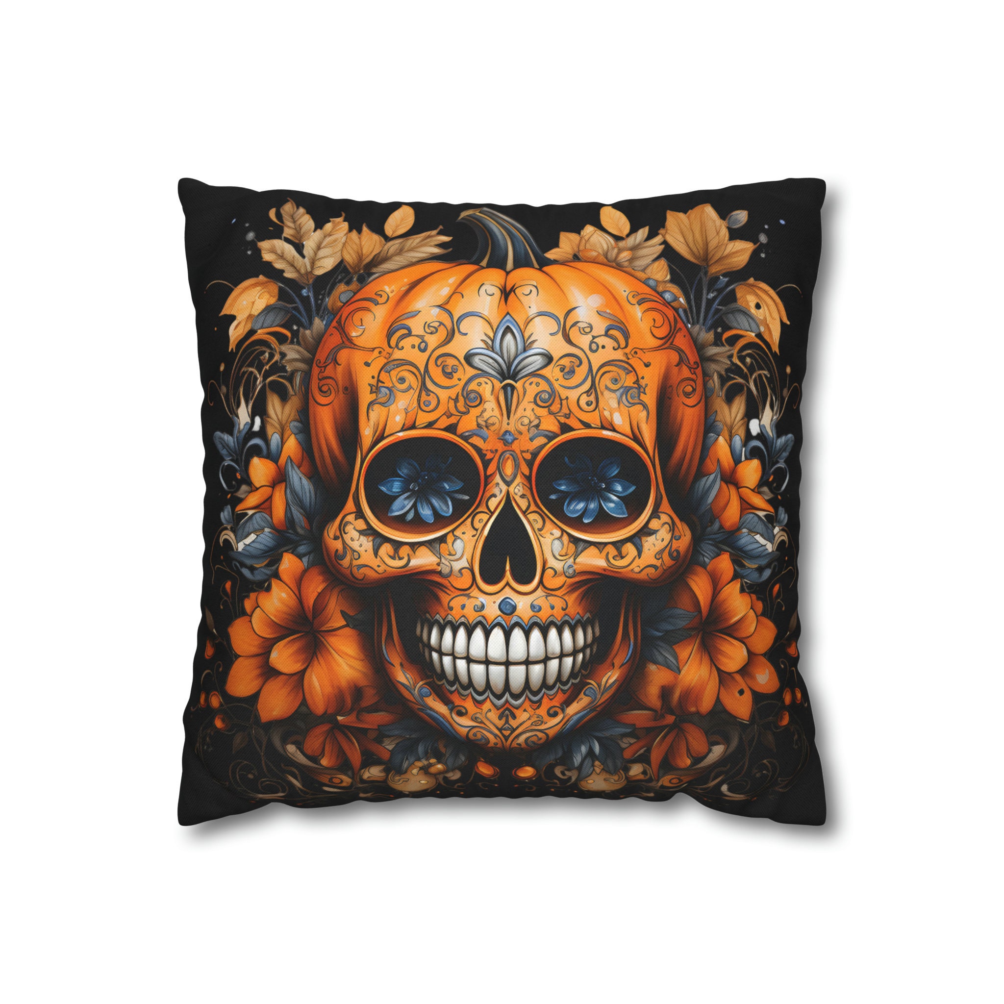 Sugar Skull Pumpkin Halloween Dia de los Muertos | Spun Polyester Square Pillow Case