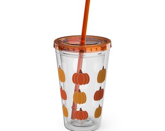 Orange White Brown Modern Simple Autumn Pumpkins Acrylic Tumbler | Sunsplash Tumbler with Straw, 16oz
