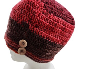 Beret Tam Beanie Hat shades of pink raspberry wood buttons