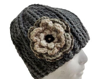 Beret Beanie Tam Hat grey with flower button