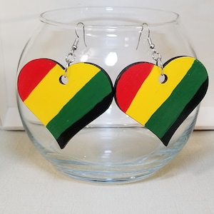 Drop Dangle Heart Earrings - Rasta Rastafarian Colors - Red Green Black Yellow Gold - hand painted, handmade lightweight - 2 sided design