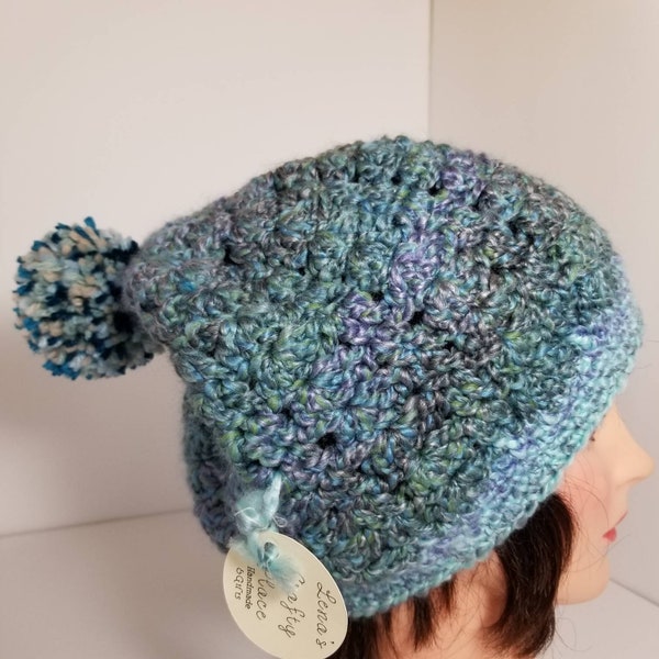 Adult Chunky Blue Heather Multi Pom Pom Acrylic Vegan Slouch Slouchy dread dreadlock Beanie Hat unisex womens teen girl makes great gift