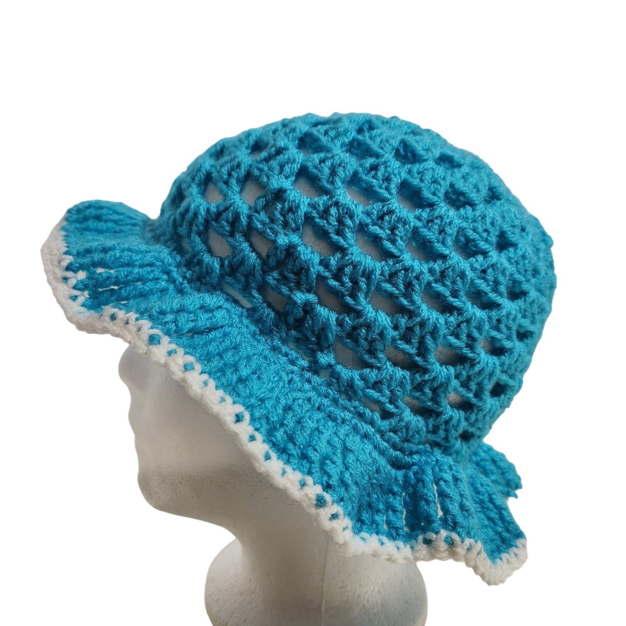 Snowflake Turquoise/Blue Granny Square Bucket Hat, Handmade By Me, OFFERS OPEN Handmade Crochet Bucket Hat: Colorful Granny Square Cotton  main image 4