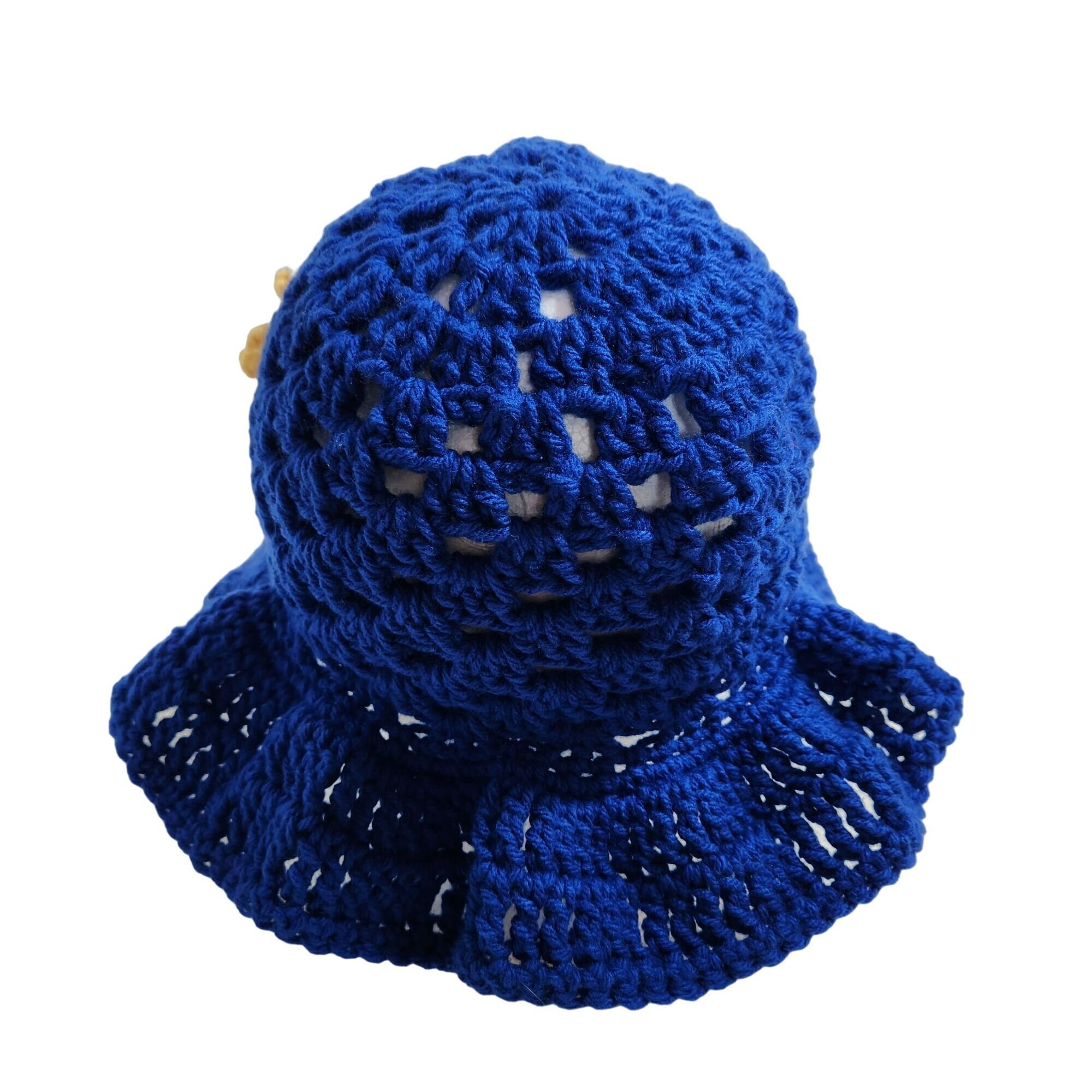 Bucket Hat Granny Sunflower Handknit Blue White Yellow Sun