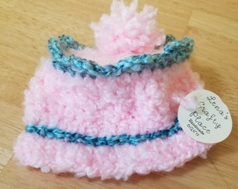 Baby Handmade Knitted Crochet Beanie Hat 3-9 Months Pink Fluffy Cupcake