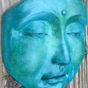 Tranquil Blue Buddha Face, a Zen Garden Sculpture, Cast Stone Outdoor Decor