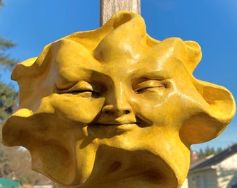 Cute Yellow Handmade Sun Face Wall Sculpture, a Beautiful Decor Accent for Home or Garden, Original Cast Stone Artwork