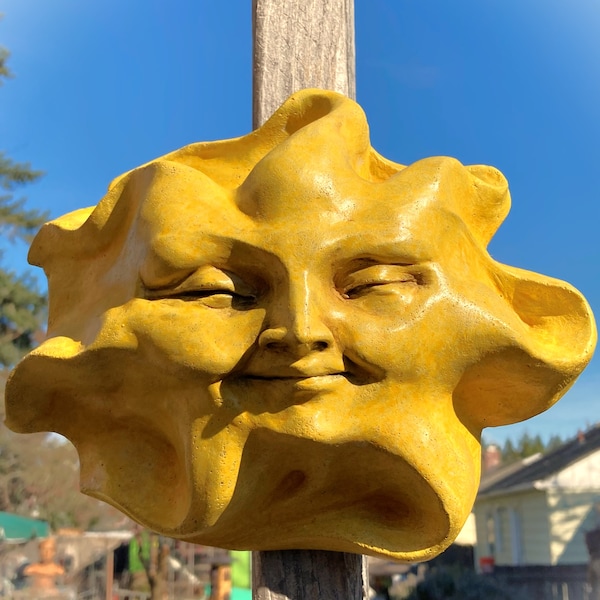 Cute Yellow Handmade Sun Face Wall Sculpture, a Beautiful Decor Accent for Home or Garden, Original Cast Stone Artwork